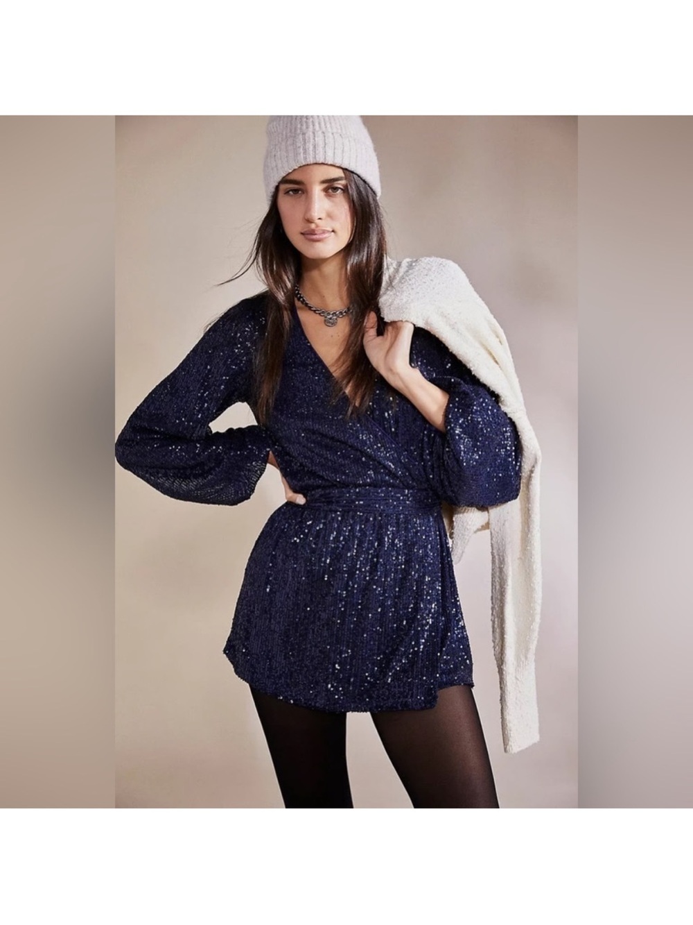 Free People Christa Long Sleeve‎ Sequin Romper Navy Blue Size XS